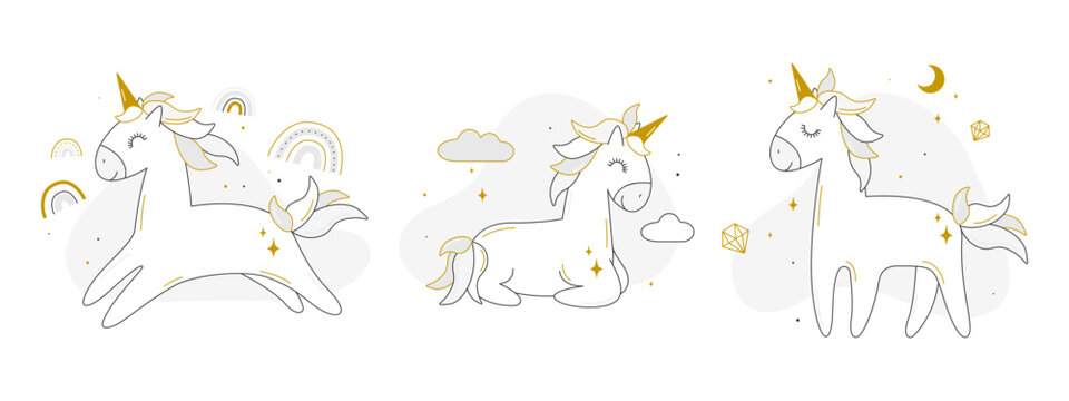 Unicorns in boho style sits, runs, dreams. Clouds, rainbows, stars, diamonds. Adorable characters for invitations, nursery decor, greeting cards, children's books, fashion, baby shower, birthday