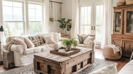 a cozy farmhouse living room with distressed wooden furniture and earthy tone