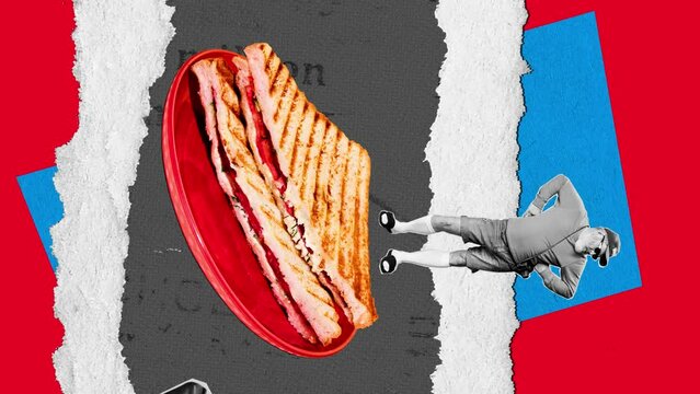 Senior man, tourist standing near plater with delicious sandwich over colorful background. Stop motion, animation. Concept of food, creativity, imagination, surrealism, pop art style
