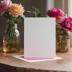 Blank greeting card mockup with pink and yellow peonies in glass vases on wooden table
