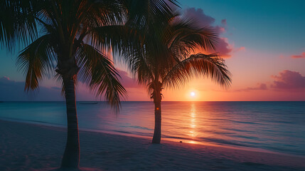 Fototapeta na wymiar cinematic paysage photography of palms on the beach during sunset