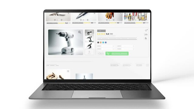 Hardware website animation. E-commerce and shopping products. Repair tools sales webpage. Laptop mockup