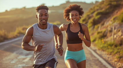young athletic couple, a man and a woman, running together on a road with a natural landscape in the background