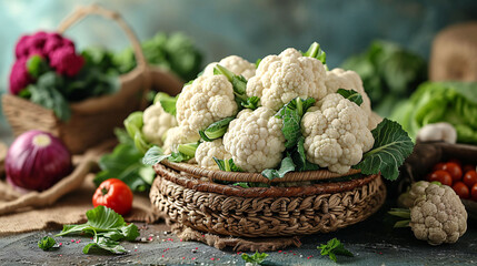 Group of cauliflowers with green leaves
