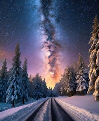 Dawn on the snowy forest with the sky full of stars. Milk way. Astro photography on the countryside on winter. Cold landscape.