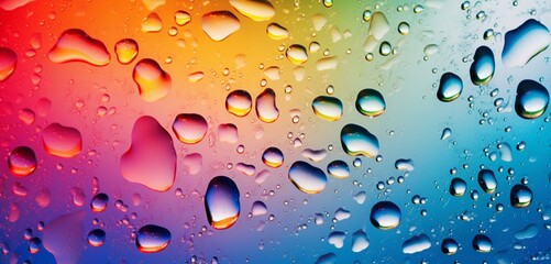 A panoramic abstract background of dew drops on glass, with light creating a stunning spectrum of colors in each droplet