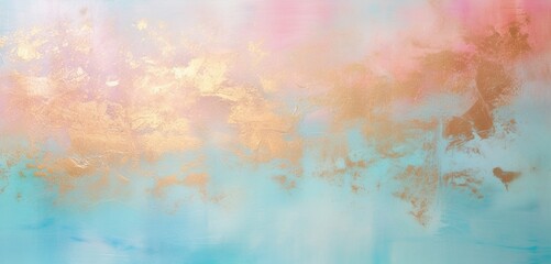 Obraz na płótnie Canvas A panoramic abstract texture featuring sparkling golden glitter against a backdrop of coral pink and aquamarine, beautifully blurred