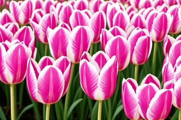 Fototapeta premium Pink tulips in the garden. Spring flowers. Tulips background.