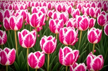 Obraz premium Pink tulips in the garden. Spring flowers. Tulips background.