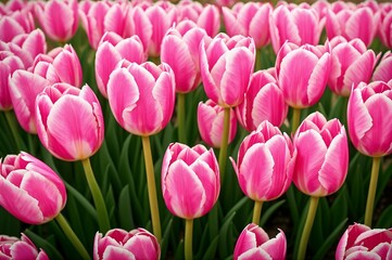 Fototapeta premium Pink tulips in the garden. Spring flowers. Tulips background.