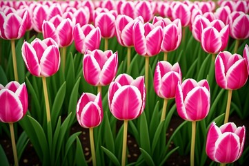 Pink tulips in the garden. Spring flowers. Tulips background.