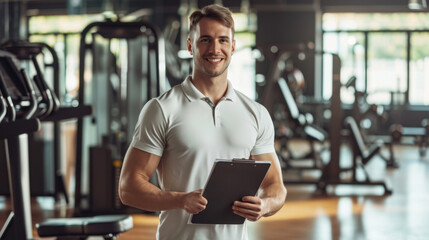 young man in a well-lit gym holding a clipboard and pen, smiling at the camera