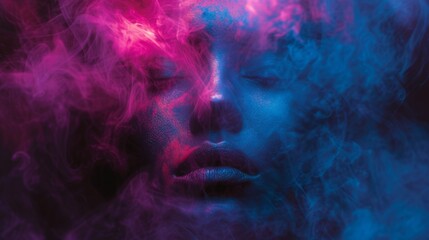Abstract portrait with intense blue and pink color gel lighting, creating a dramatic and moody atmosphere - obrazy, fototapety, plakaty
