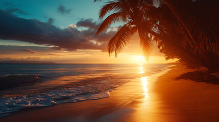 cinematic paysage photography of palms on the beach during sunset - obrazy, fototapety, plakaty