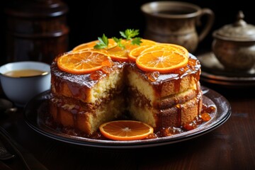 Close the piece of wet orange fruit cake on the plate with orange slices on the de, generative IA