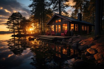 Serena cabin by the lake, bathed by the sunrise., generative IA
