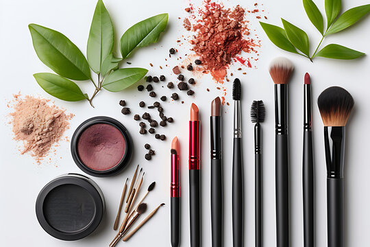 make up brushes and powder, background, backdrop, flat lay, 3D, beauty, herbs, cosmetic, women