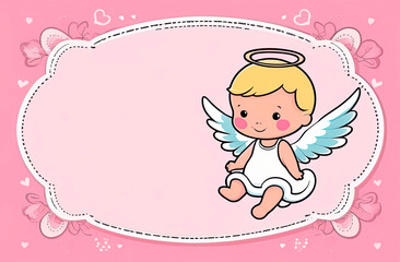 Drawing of a small sitting angel child in a white shirt, with a halo and wings, pink background, banner with a place for the inscription on the left