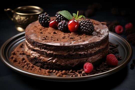 High angle vertical photo of a fresh chocolate cake decorated with a delicious cho, generative IA
