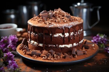 Vertical photo of a newly bedered chocolate hazelnut cake being covered with cocoa, generative IA