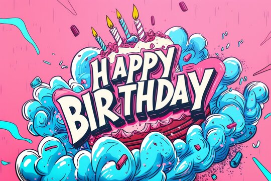 a happy birthday cake on a pink background Generative AI