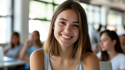 Fototapeta premium cheerful teenage girl smiling at the camera, standing in a school hallway with other students in the background