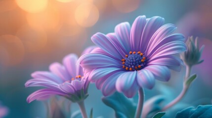 Obraz premium flowers with subtle color gel lighting, enhancing the natural colors with soft lavender and teal tones