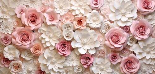 A three-dimensional mural, artfully combining abstract textures with the beauty of blooming roses and white flowers