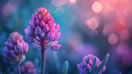 flowers with subtle color gel lighting, enhancing the natural colors with soft lavender and teal tones