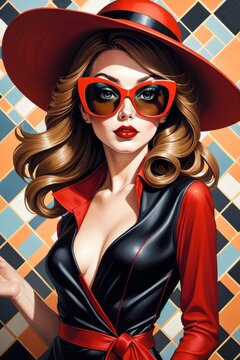 The image features a woman wearing a wide-brimmed red hat with a black ribbon, sunglasses, and a black and red striped shirt. She has red lipstick and her hair is in waves.