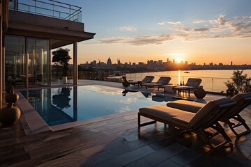 Terrace with pool and sun loungers by the city., generative IA