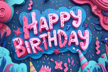 happy birthday illustration on blue background Generative AI - Powered by Adobe