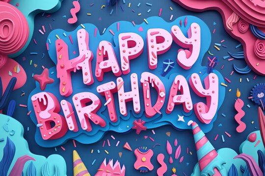 happy birthday illustration on blue background Generative AI