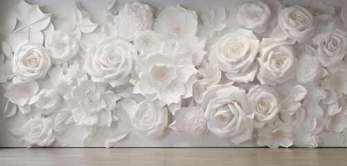 A visually striking 3D , blending abstract art with lifelike roses and white florals, set against a contemporary background