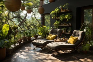 Serene terrace with lush vertical garden and chairs., generative IA