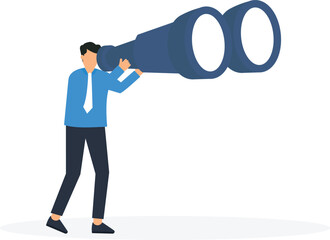 Search for business target or goal or mission or objective to achieve, Discover purpose or find strategy to reach goal or destination concept, Businessman look through telescope to find target or goal