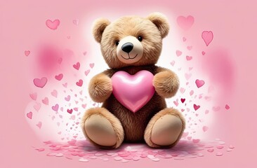 Realistic drawing of a cute light brown teddy bear holding a pink satin heart and smiling, watercolor pink blurred background with decorative elements, postcard