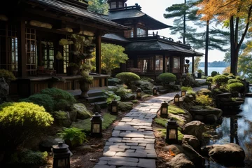 Rolgordijnen Japanese garden with lanterns, lake and bonsais., generative IA © JONATAS