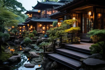 Rolgordijnen Japanese garden with lanterns, lake and bonsais., generative IA © JONATAS