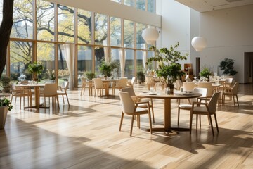 Modern and minimalist ballroom with neutral furniture., generative IA