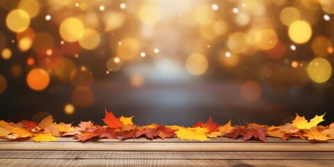 Autumn-themed wooden table top with bokeh light and colorful leaves on a blur background.