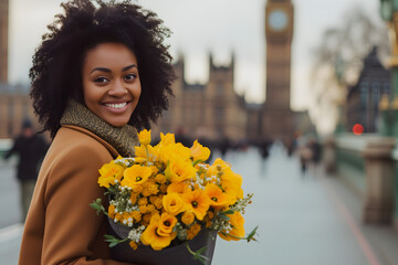 fat woman with a bouquet of spring yellow flowers on a London street, with Big Ben in the background