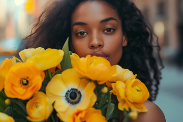 black, woman, spring, flowers, spring flowers, March 8, women's day, Paris, yellow, floral, mimosa, tulips