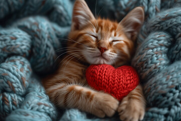 A little kitten sleeps with a woolen heart. - obrazy, fototapety, plakaty