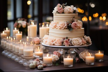 Beautiful white wedding cake with different desserts in cups in the tale, generative IA - obrazy, fototapety, plakaty