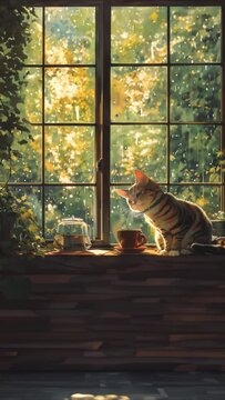 Cozy cat enjoys a warm cup of coffee  with steam vapour on a rainy day with sun rays , 916 size social media  