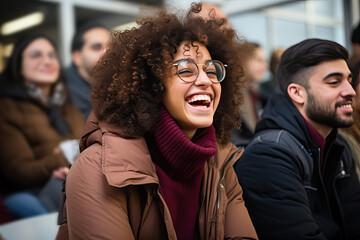 Happy woman with glasses and curly hair wearing a brown coat and scarf is smiling and sitting in the seats for the fans at the stadium. There are four spectators and a glass building in the background