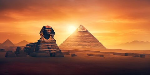 minimalistic design The Great Sphinx of Giza and the Pyramid of Khafreat sunset, Egypt - obrazy, fototapety, plakaty