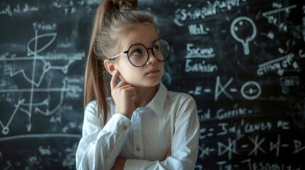 thoughtful young student standing in front of a blackboard filled with complex scientific formulas