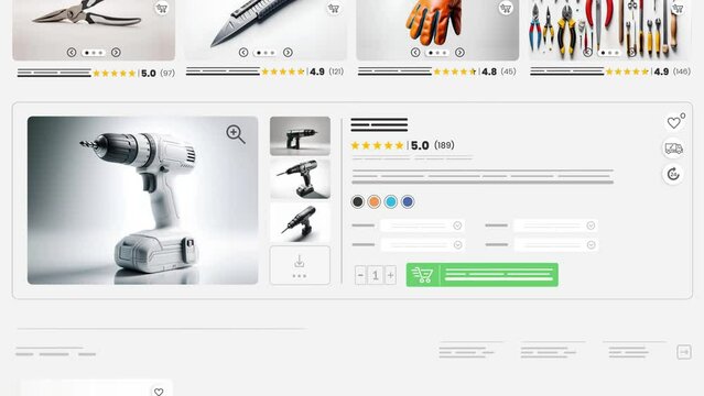 Hardware website animation. E-commerce and shopping products. Repair tools sales webpage.